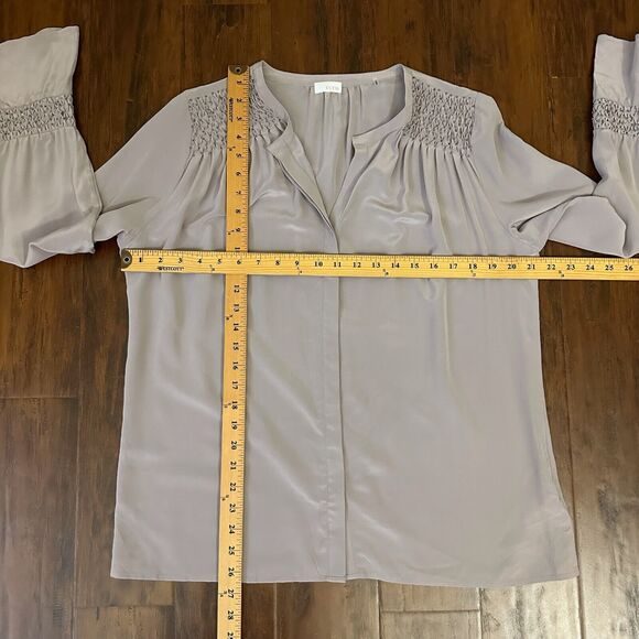 NWOT ECRU L/S Beaded Washable Silk Button-Up Shirt Pleated in Smokey Purple - Picture 12 of 12